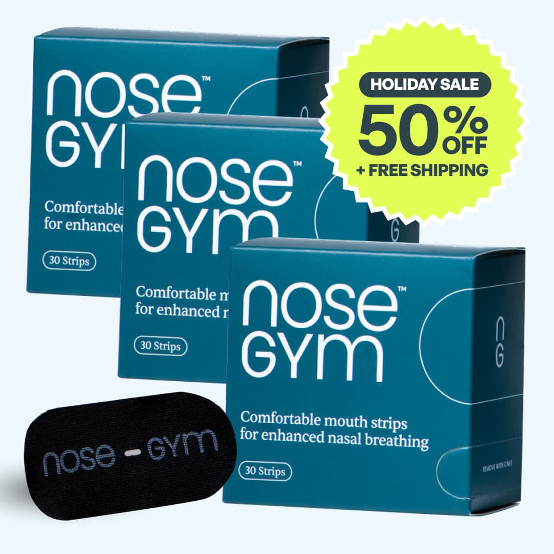 Three boxes of Nose Gym mouth strips with a 50% off holiday sale sticker.